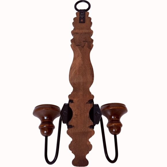 Wooden Double Arm Wall Candle Sconce VTG Turned Wood Wrought Iron Taper Holder - Picture 9 of 16